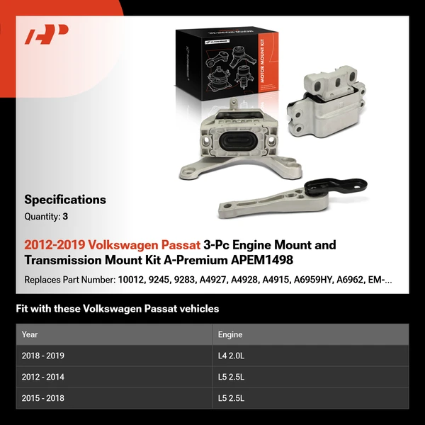2012-2019 Volkswagen Passat 3-Pc Engine Mount and Transmission Mount Kit A-Premium APEM1498