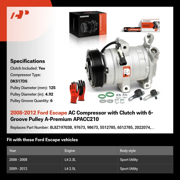 2008-2012 Ford Escape AC Compressor with Clutch with 6-Groove Pulley A-Premium APACC210