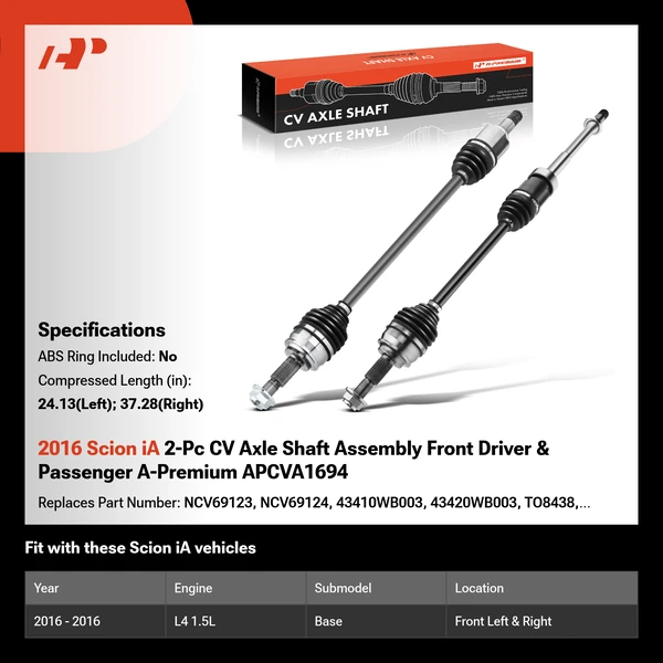 2016 Scion iA 2-Pc CV Axle Shaft Assembly Front Driver & Passenger A-Premium APCVA1694