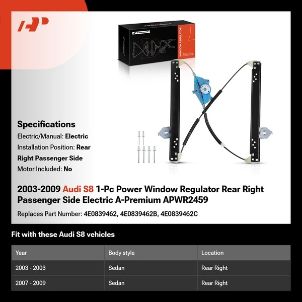 2003-2009 Audi S8 1-Pc Power Window Regulator Rear Right Passenger Side Electric A-Premium APWR2459