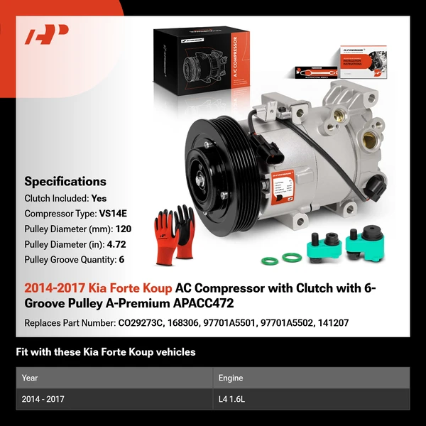 2014-2017 Kia Forte Koup AC Compressor with Clutch with 6-Groove Pulley A-Premium APACC472