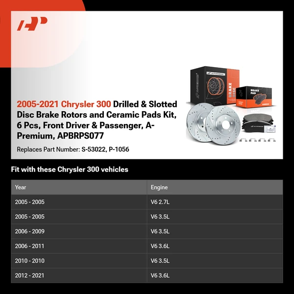 2005-2021 Chrysler 300 Drilled & Slotted Disc Brake Rotors and Ceramic Pads Kit, 6 Pcs, Front Driver & Passenger, A-Premium, APBRPS077