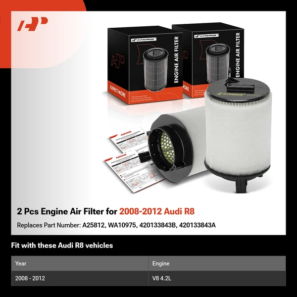 2 Pcs Engine Air Filter for 2008-2012 Audi R8