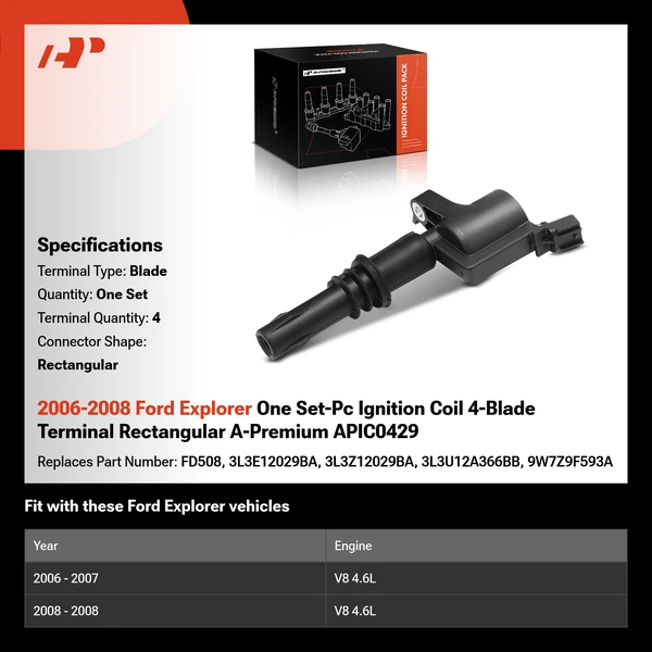2006-2008 Ford Explorer One Set-Pc Ignition Coil 4-Blade Terminal Rectangular A-Premium APIC0429