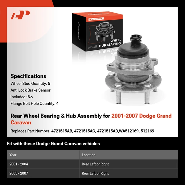 Rear Wheel Bearing & Hub Assembly for 2001-2007 Dodge Grand Caravan
