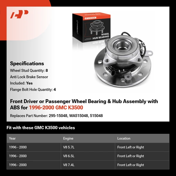 Front Driver or Passenger Wheel Bearing & Hub Assembly with ABS for 1996-2000 GMC K3500
