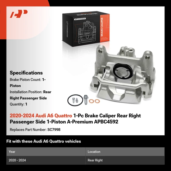 2020-2024 Audi A6 Quattro 1-Pc Brake Caliper Rear Right Passenger Side 1-Piston A-Premium APBC4592