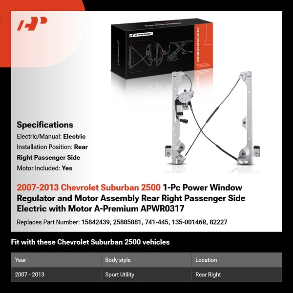 2007-2013 Chevrolet Suburban 2500 1-Pc Power Window Regulator and Motor Assembly Rear Right Passenger Side Electric with Motor A-Premium APWR0317