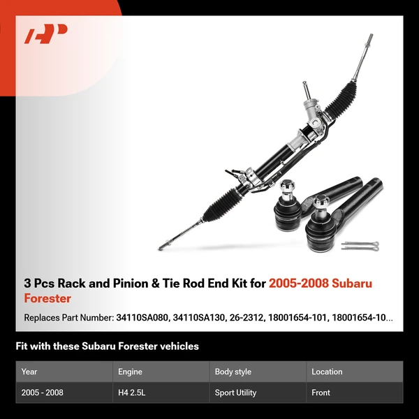 3 Pcs Rack and Pinion & Tie Rod End Kit for 2005-2008 Subaru Forester