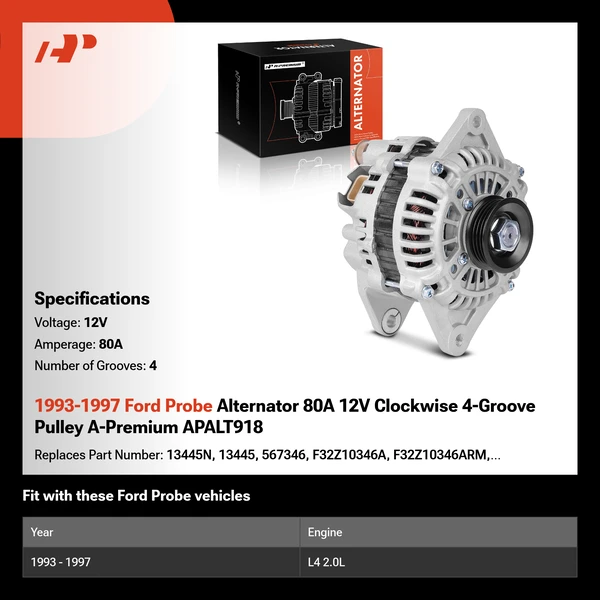 1993-1997 Ford Probe Alternator 80A 12V Clockwise 4-Groove Pulley A-Premium APALT918