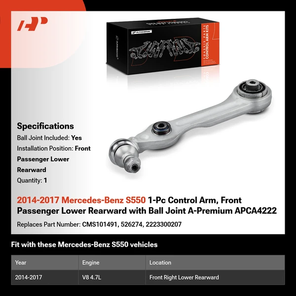 2014-2017 Mercedes-Benz S550 1-Pc Control Arm, Front Passenger Lower Rearward with Ball Joint A-Premium APCA4222