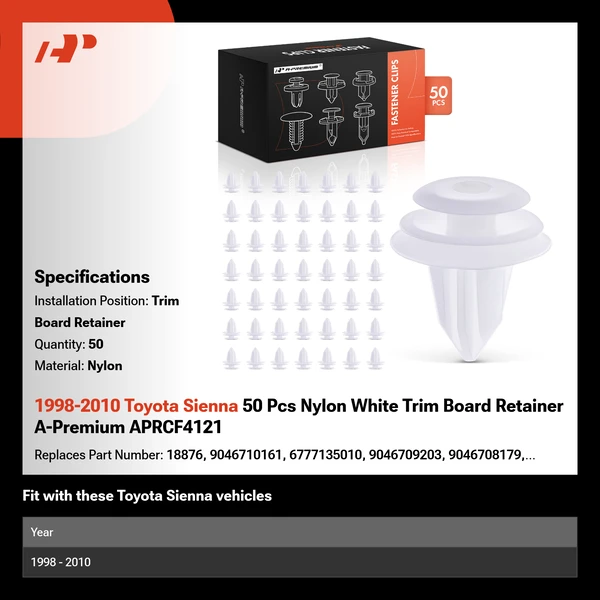1998-2010 Toyota Sienna 50 Pcs Nylon White Trim Board Retainer A-Premium APRCF4121
