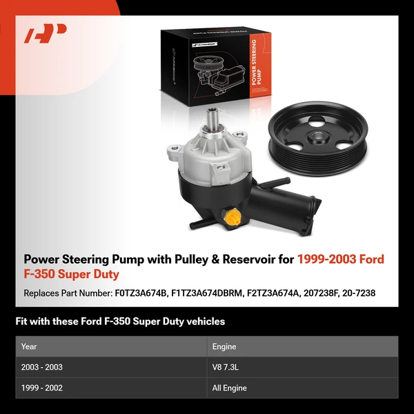 Power Steering Pump with Pulley & Reservoir for 1999-2003 Ford F-350 Super Duty