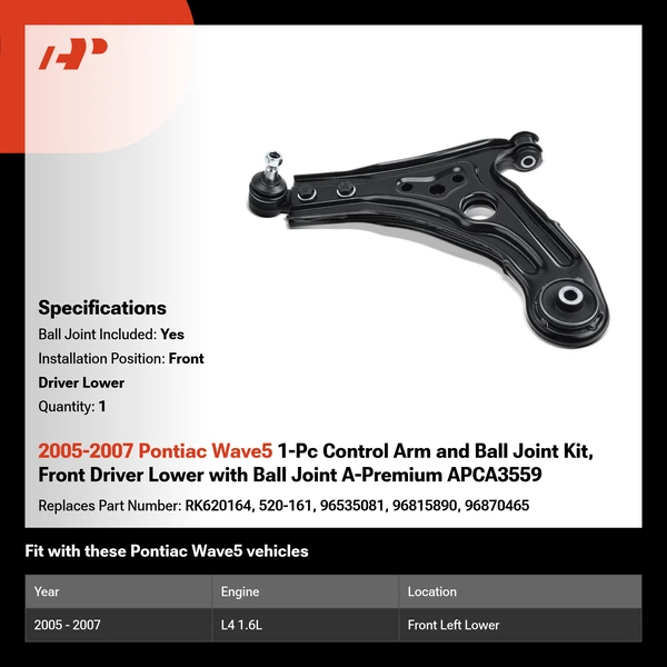 2005-2007 Pontiac Wave5 1-Pc Control Arm and Ball Joint Kit, Front Driver Lower with Ball Joint A-Premium APCA3559