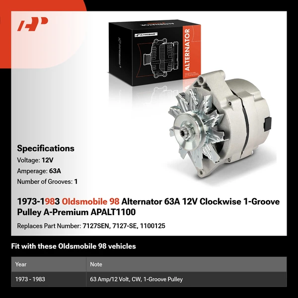 1973-1983 Oldsmobile 98 Alternator 63A 12V Clockwise 1-Groove Pulley A-Premium APALT1100