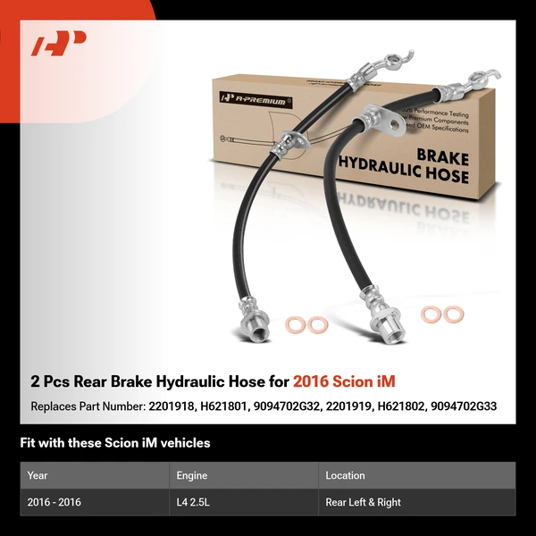 2 Pcs Rear Brake Hydraulic Hose for 2016 Scion iM
