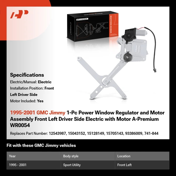 1995-2001 GMC Jimmy 1-Pc Power Window Regulator and Motor Assembly Front Left Driver Side Electric with Motor A-Premium WR0054