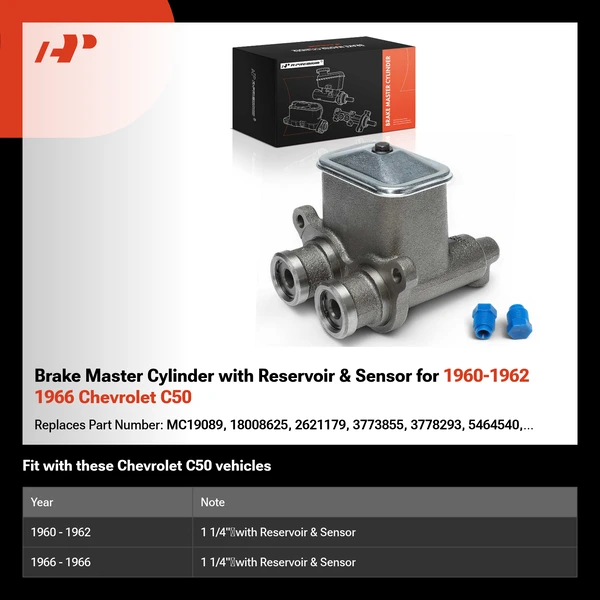 Brake Master Cylinder with Reservoir & Sensor for 1960-1962 1966 Chevrolet C50