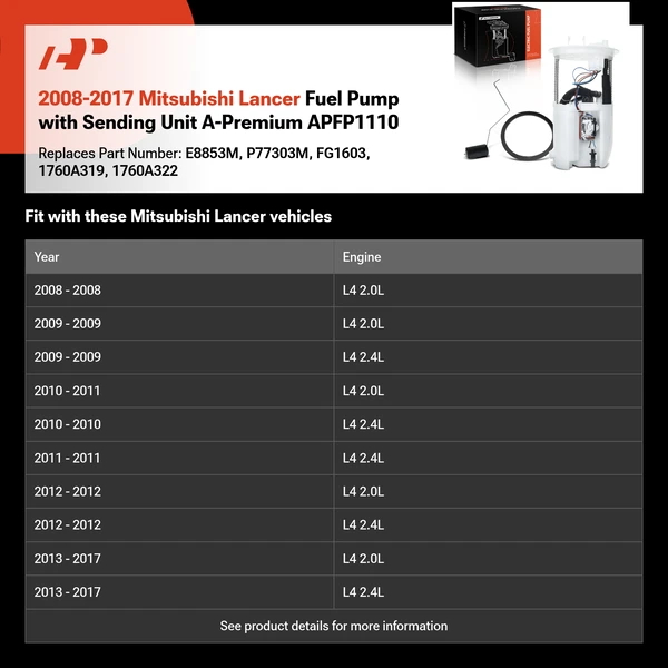 2008-2017 Mitsubishi Lancer Fuel Pump with Sending Unit A-Premium APFP1110