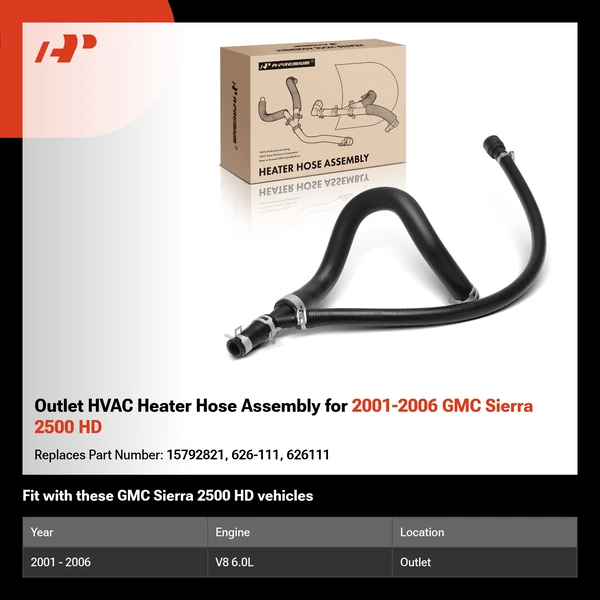 Outlet HVAC Heater Hose Assembly for 2001-2006 GMC Sierra 2500 HD