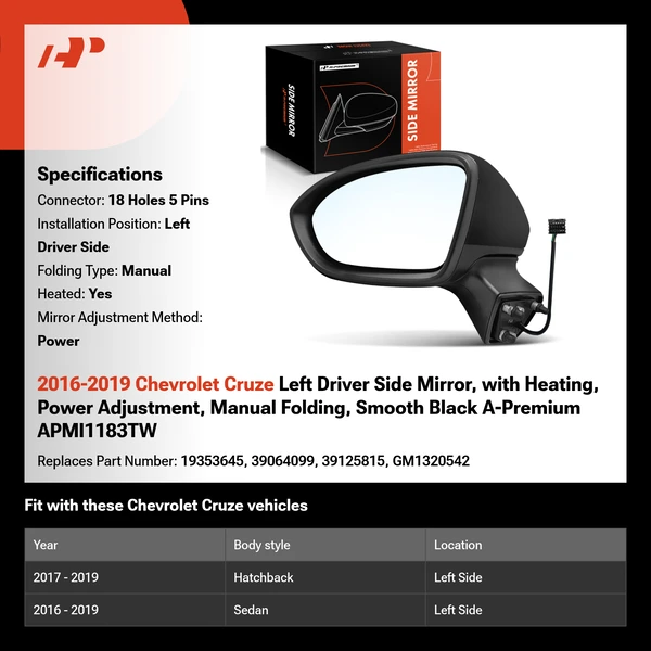 2016-2019 Chevrolet Cruze Left Driver Side Mirror, with Heating, Power Adjustment, Manual Folding, Smooth Black A-Premium APMI1183TW