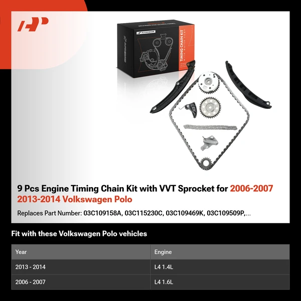 9 Pcs Engine Timing Chain Kit with VVT Sprocket for 2006-2007 2013-2014 Volkswagen Polo