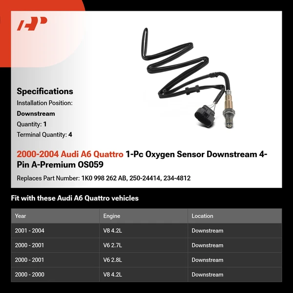 2000-2004 Audi A6 Quattro 1-Pc Oxygen Sensor Downstream 4-Pin A-Premium OS059
