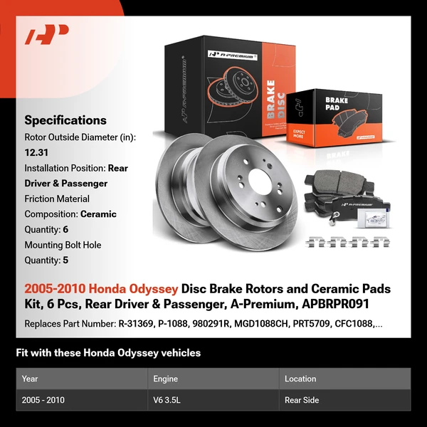 2005-2010 Honda Odyssey Disc Brake Rotors and Ceramic Pads Kit, 6 Pcs, Rear Driver & Passenger, A-Premium, APBRPR091