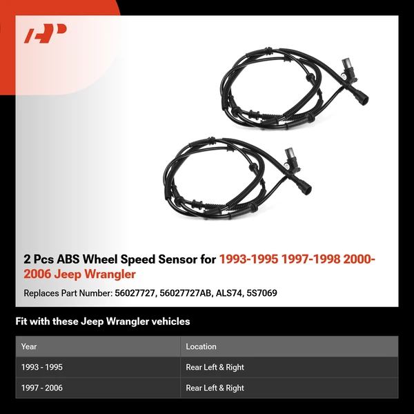 2 Pcs ABS Wheel Speed Sensor for 1993-1995 1997-1998 2000-2006 Jeep Wrangler