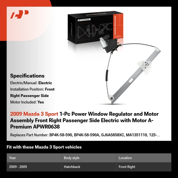 2009 Mazda 3 Sport 1-Pc Power Window Regulator and Motor Assembly Front Right Passenger Side Electric with Motor A-Premium APWR0638