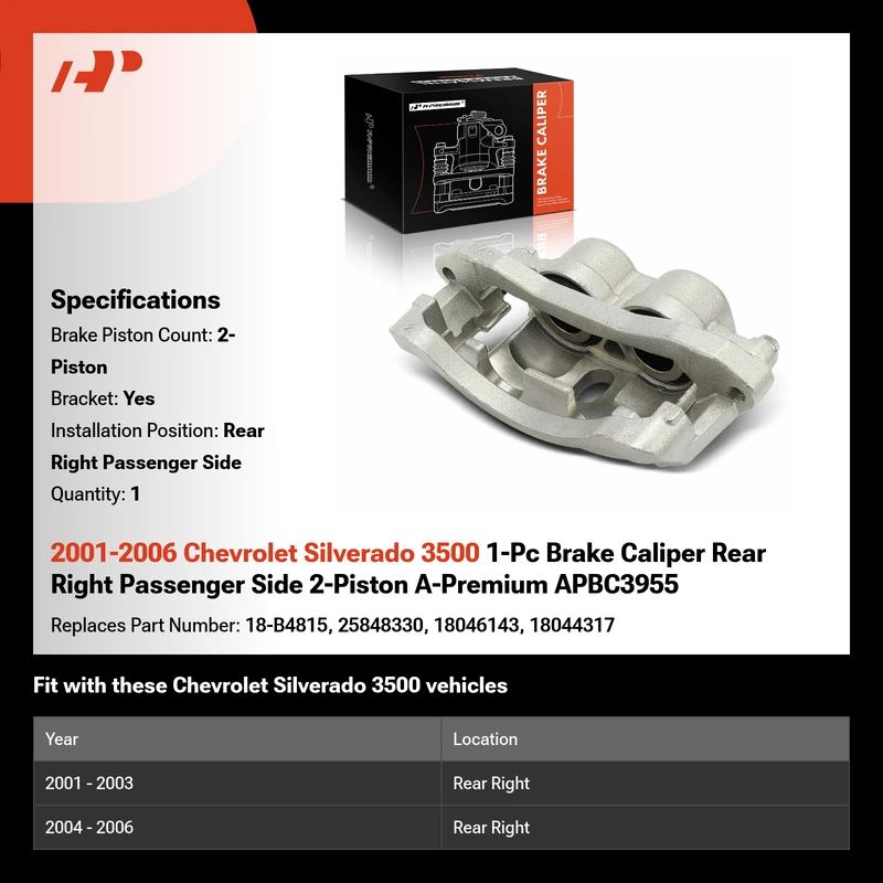 2001-2006 Chevrolet Silverado 3500 1-Pc Brake Caliper Rear Right Passenger Side 2-Piston A-Premium APBC3955