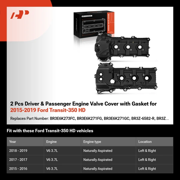 2 Pcs Driver & Passenger Engine Valve Cover with Gasket for 2015-2019 Ford Transit-350 HD