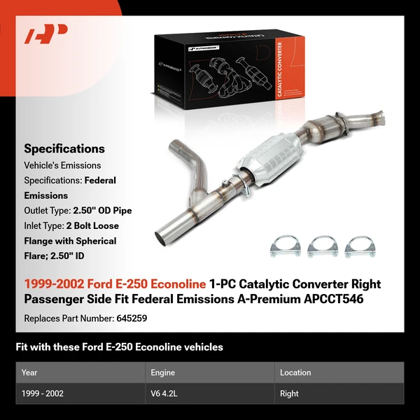 1999-2002 Ford E-250 Econoline 1-PC Catalytic Converter Right Passenger Side Fit Federal Emissions A-Premium APCCT546