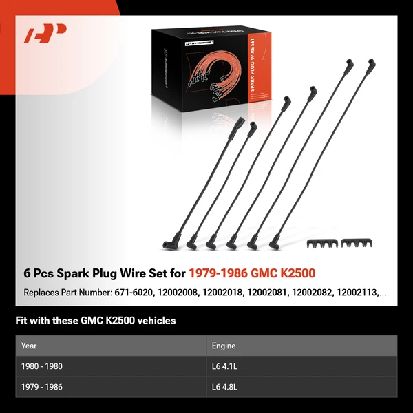 6 Pcs Spark Plug Wire Set for 1979-1986 GMC K2500