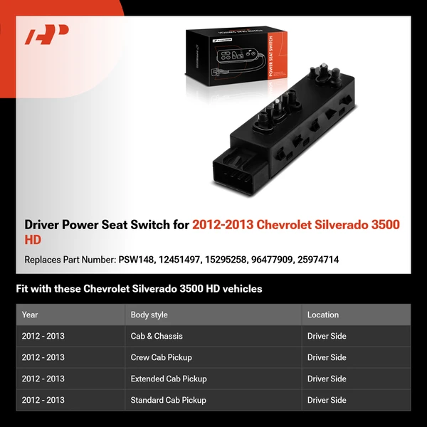 Driver Power Seat Switch for 2012-2013 Chevrolet Silverado 3500 HD