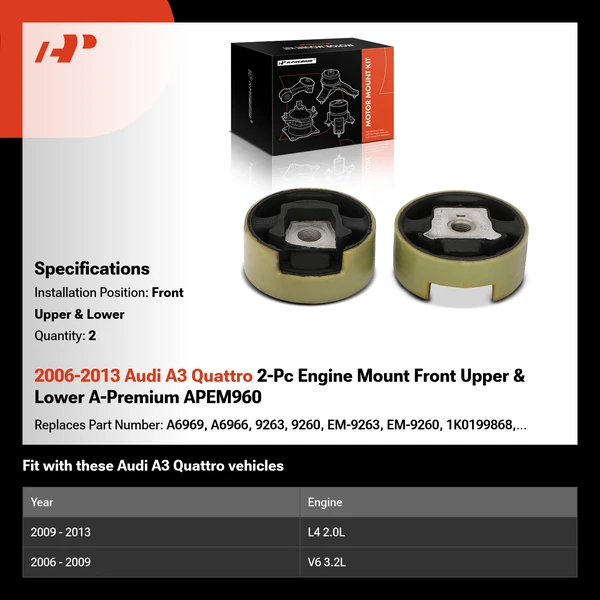 2006-2013 Audi A3 Quattro 2-Pc Engine Mount Front Upper & Lower A-Premium APEM960