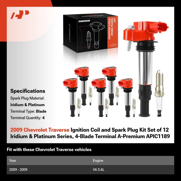2009 Chevrolet Traverse Ignition Coil and Spark Plug Kit Set of 12 Iridium & Platinum Series, 4-Blade Terminal A-Premium APIC1189