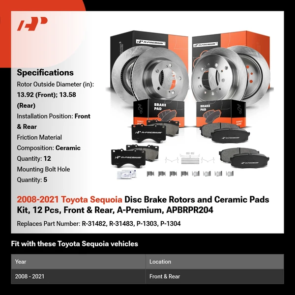 2008-2021 Toyota Sequoia Disc Brake Rotors and Ceramic Pads Kit, 12 Pcs, Front & Rear, A-Premium, APBRPR204