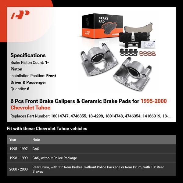 6 Pcs Front Brake Calipers & Ceramic Brake Pads for 1995-2000 Chevrolet Tahoe