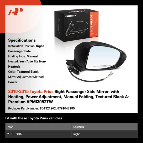 2010-2015 Toyota Prius Right Passenger Side Mirror, with Heating, Power Adjustment, Manual Folding, Textured Black A-Premium APMI3052TW