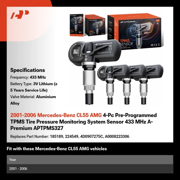 2001-2006 Mercedes-Benz CL55 AMG 4-Pc Pre-Programmed TPMS Tire Pressure Monitoring System Sensor 433 MHz A-Premium APTPMS327
