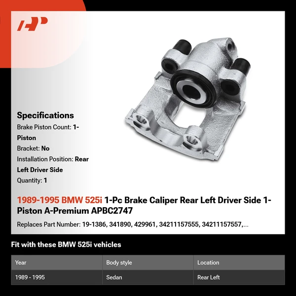 1989-1995 BMW 525i 1-Pc Brake Caliper Rear Left Driver Side 1-Piston A-Premium APBC2747
