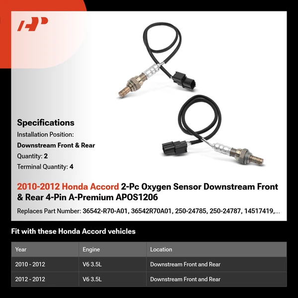 2010-2012 Honda Accord 2-Pc Oxygen Sensor Downstream Front & Rear 4-Pin A-Premium APOS1206