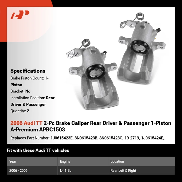 2006 Audi TT 2-Pc Brake Caliper Rear Driver & Passenger 1-Piston A-Premium APBC1503