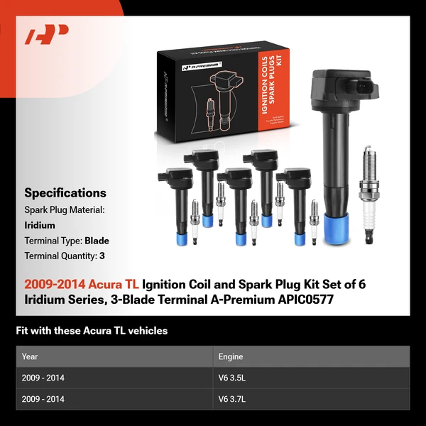 2009-2014 Acura TL Ignition Coil and Spark Plug Kit Set of 6 Iridium Series, 3-Blade Terminal A-Premium APIC0577
