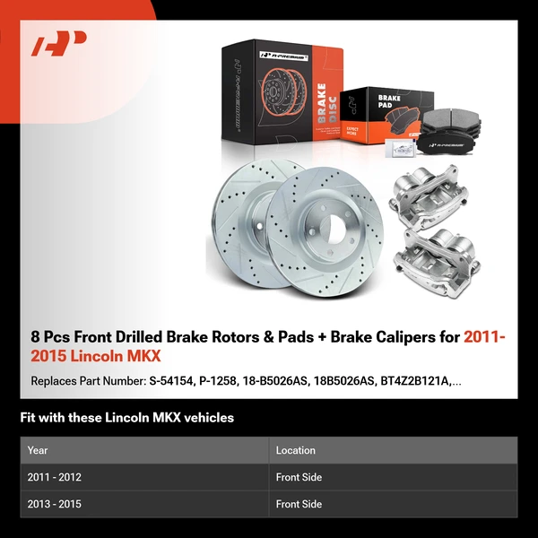 8 Pcs Front Drilled Brake Rotors & Pads + Brake Calipers for 2011-2015 Lincoln MKX