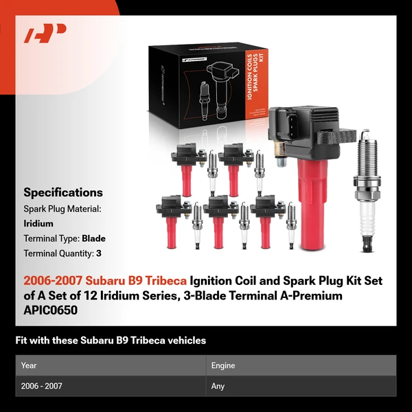 2006-2007 Subaru B9 Tribeca Ignition Coil and Spark Plug Kit Set of A Set of 12 Iridium Series, 3-Blade Terminal A-Premium APIC0650