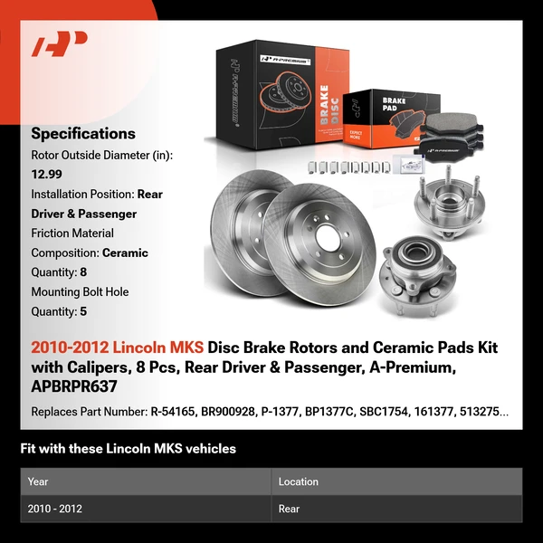 2010-2012 Lincoln MKS Disc Brake Rotors and Ceramic Pads Kit with Calipers, 8 Pcs, Rear Driver & Passenger, A-Premium, APBRPR637