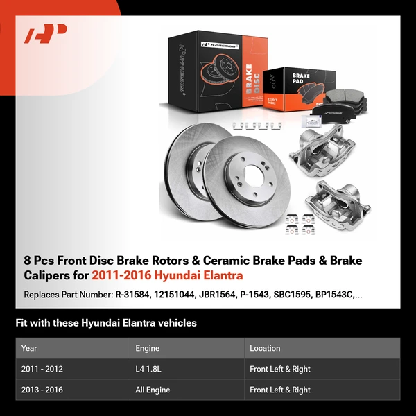 8 Pcs Front Disc Brake Rotors & Ceramic Brake Pads & Brake Calipers for 2011-2016 Hyundai Elantra