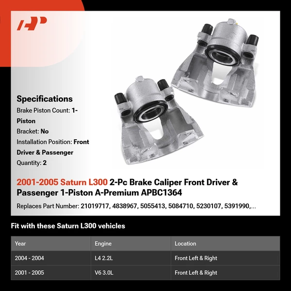 2001-2005 Saturn L300 2-Pc Brake Caliper Front Driver & Passenger 1-Piston A-Premium APBC1364